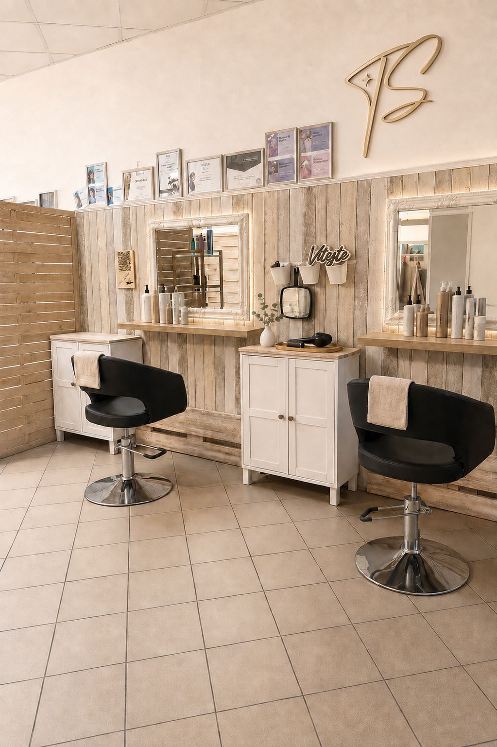 Interiér kadeřnictví v salonu Tvůj Salon se zrcadly a certifikáty